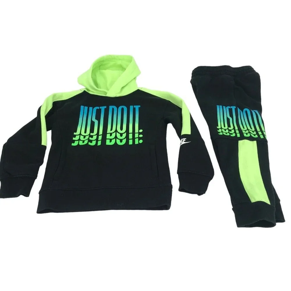 NIKE Hoodie Pants‎ Set Boys Size 4 Black Neon Just Do It Sweat Set - Picture 6 of 8